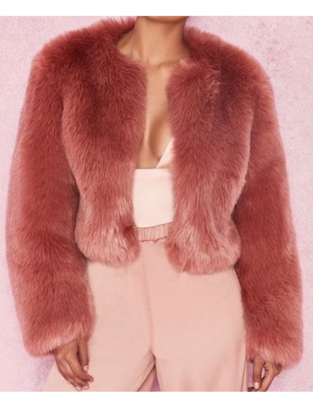 House of CB Kenya Faux Fur Jacket Rose Mauve  Cropped Coat | Size M